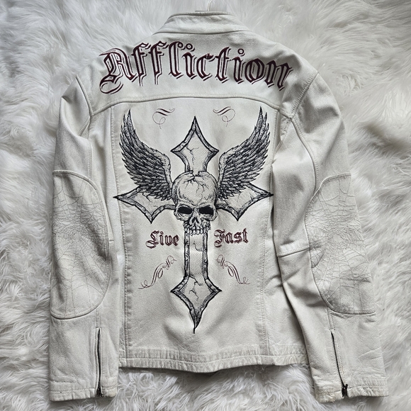 Affliction Men's Genuine Leather / Limited Edition White Jacket Size Large - Picture 1 of 15
